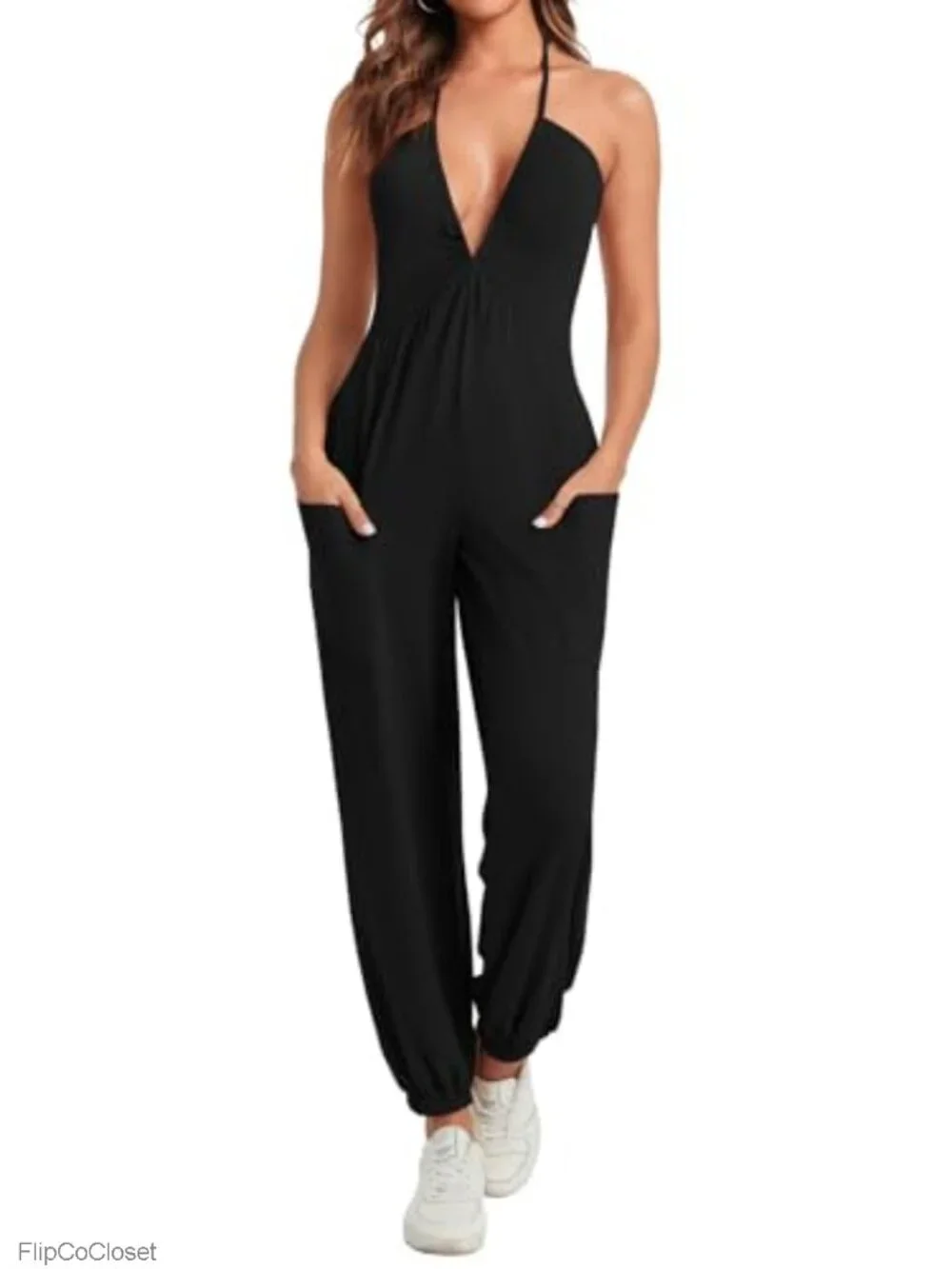 Women's Sexy Halter Jumpsuit Deep V Neck Casual Summer Romper Sleeveless